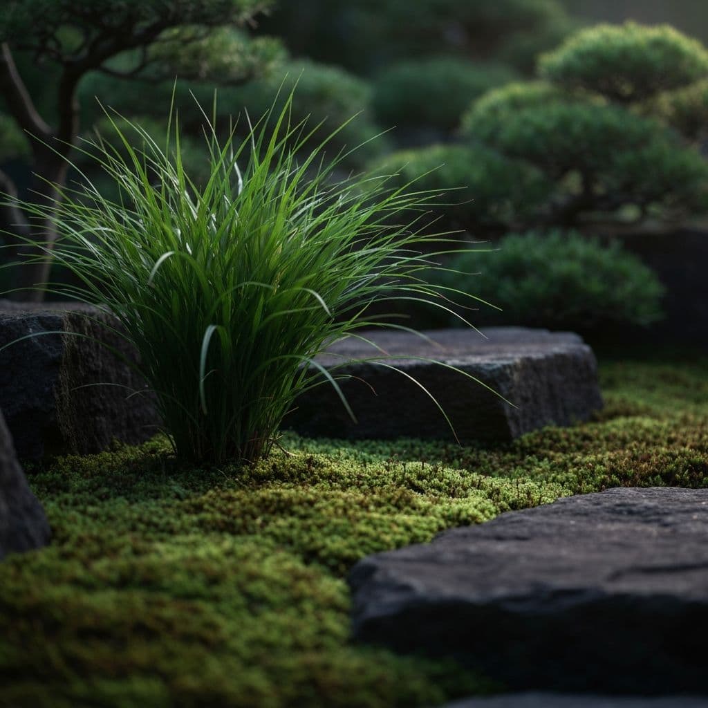 Minimal Japanese planting with ornamental grass and moss