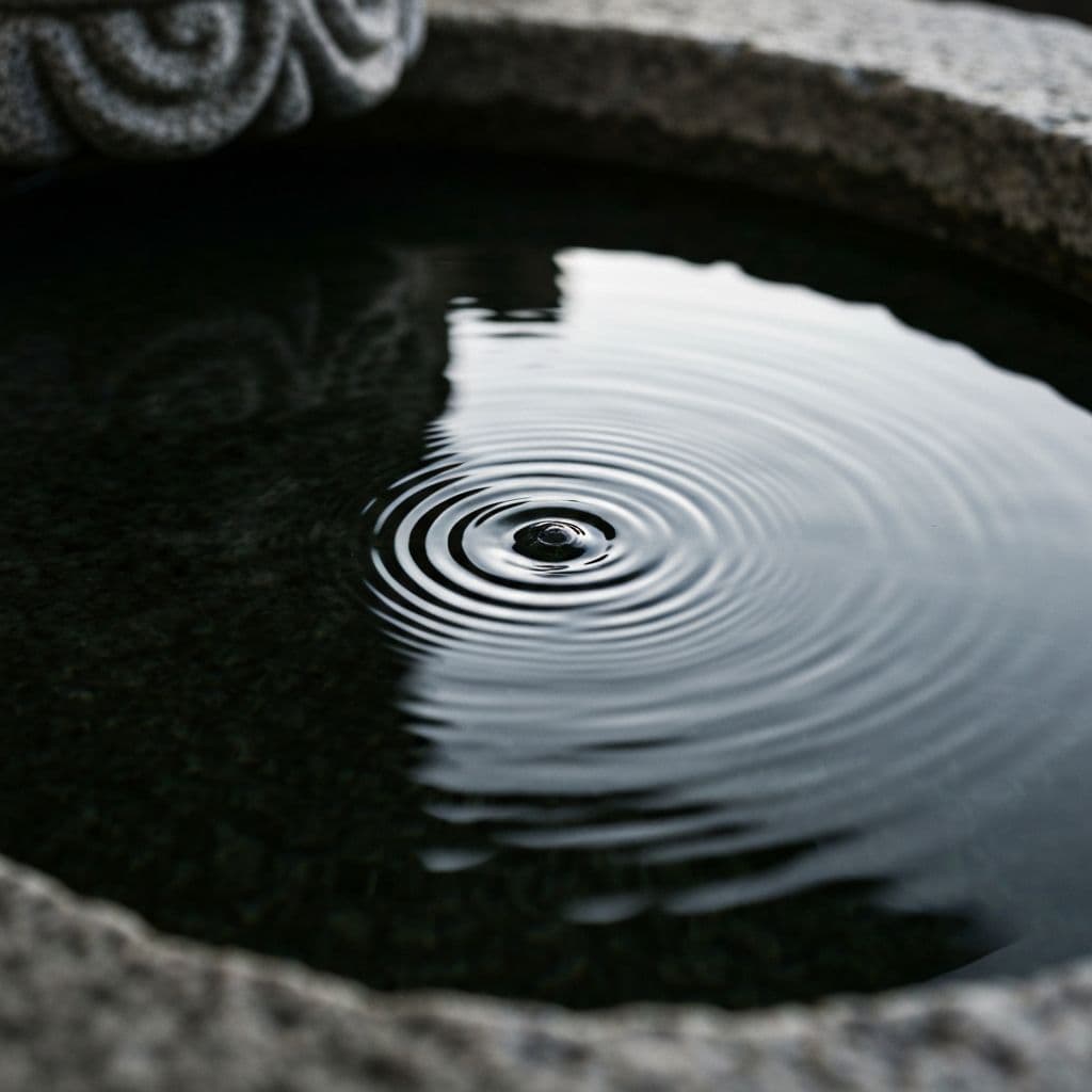 Still dark water in a stone basin with soft reflections
