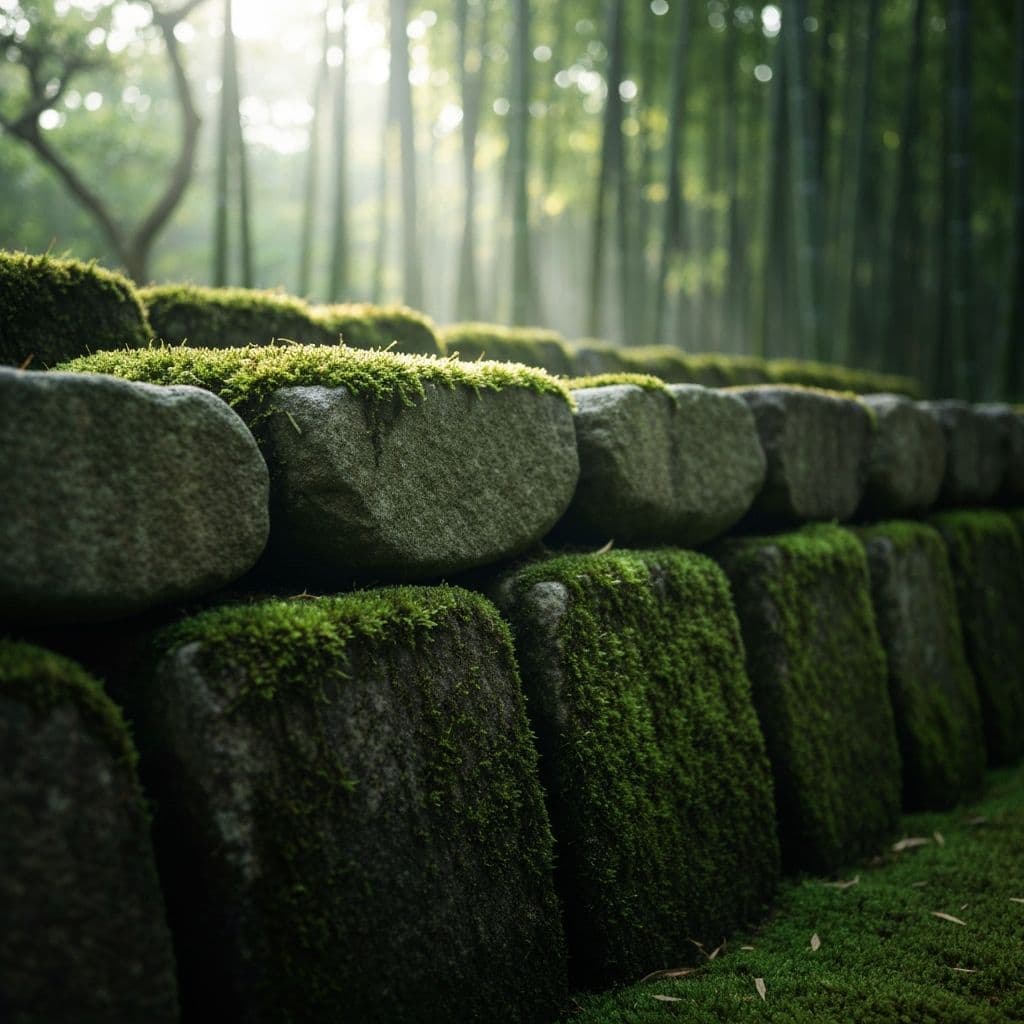 Carefully placed natural stones with moss, soft morning light